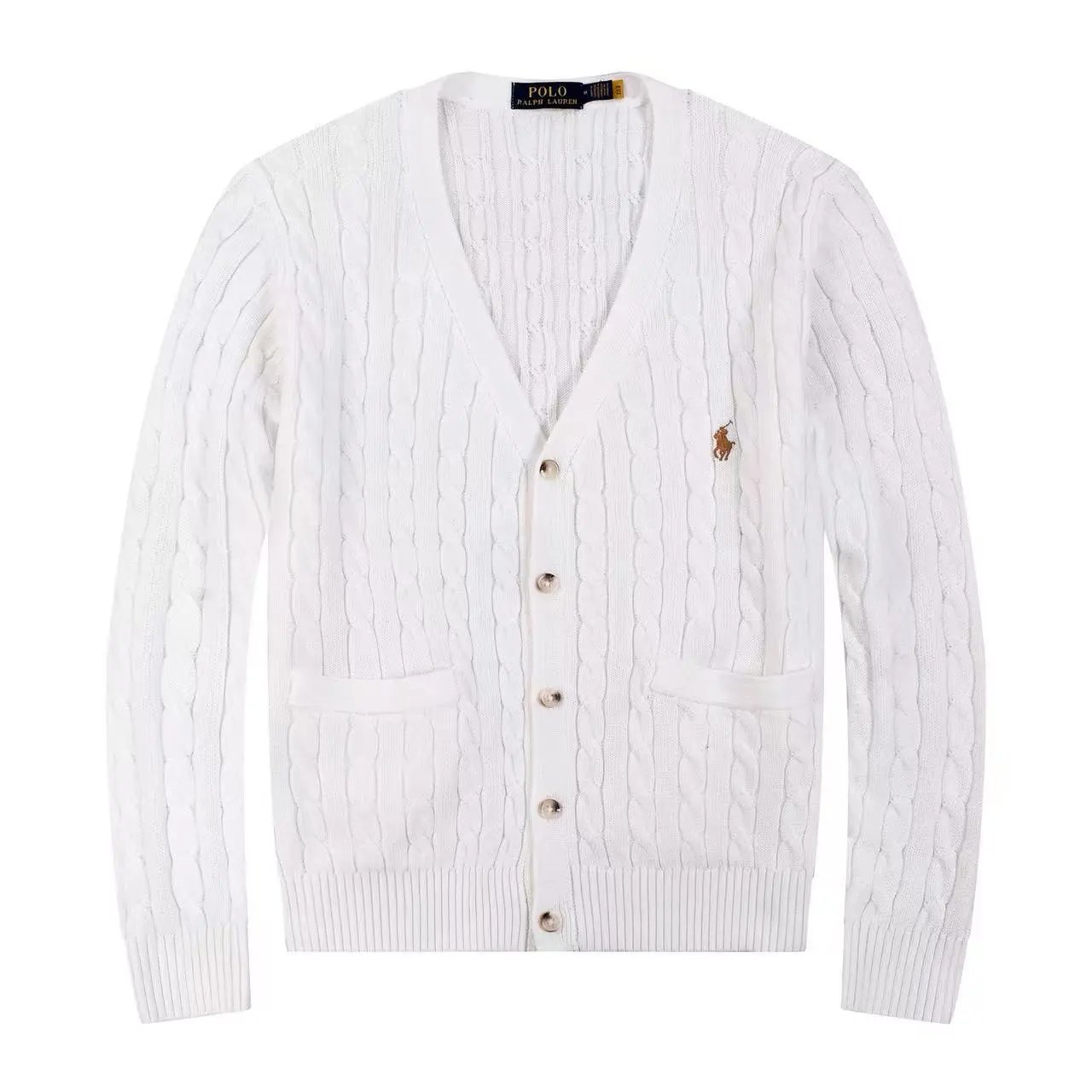 Ralph Lauren Knitwear Embroidered Pony Logo — 624 White with a brown label