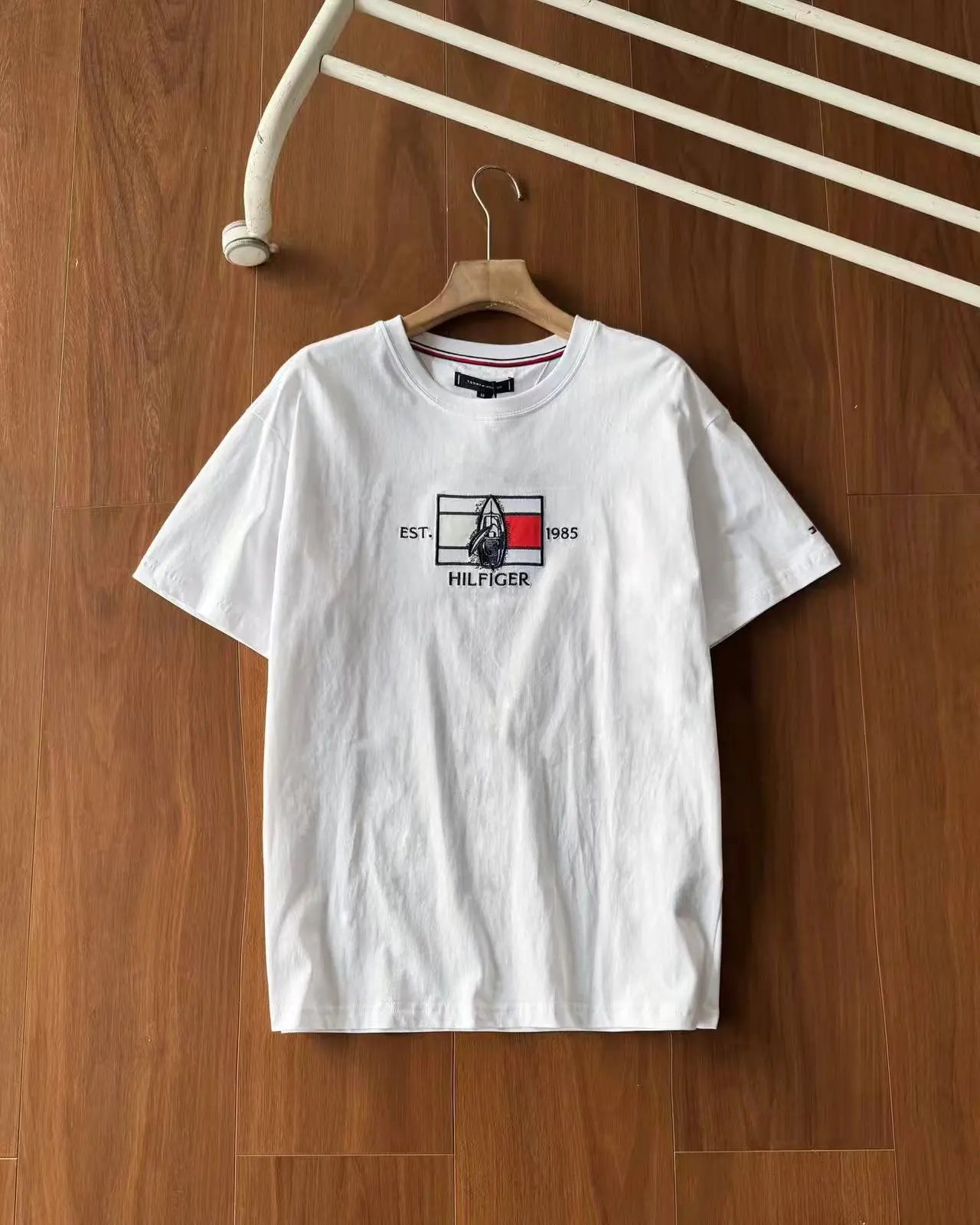 Tommy Hilfiger T-Shirts Crew-Neck Short-Sleeve T-Shirt with Embroidered Flag and Sailboat Graphic — white