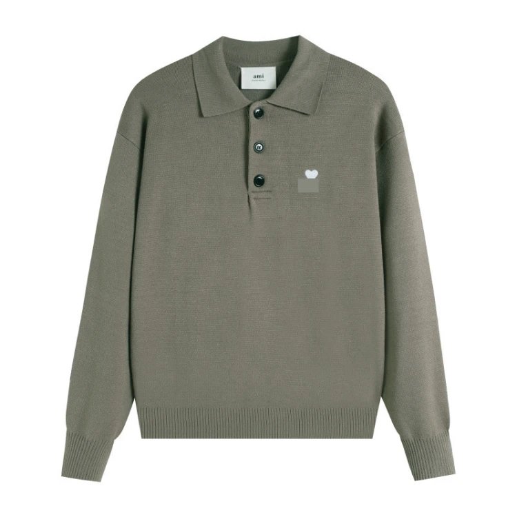AMI Paris Knitwear de Cœur Polo Collar Knit Sweater — Khaki
