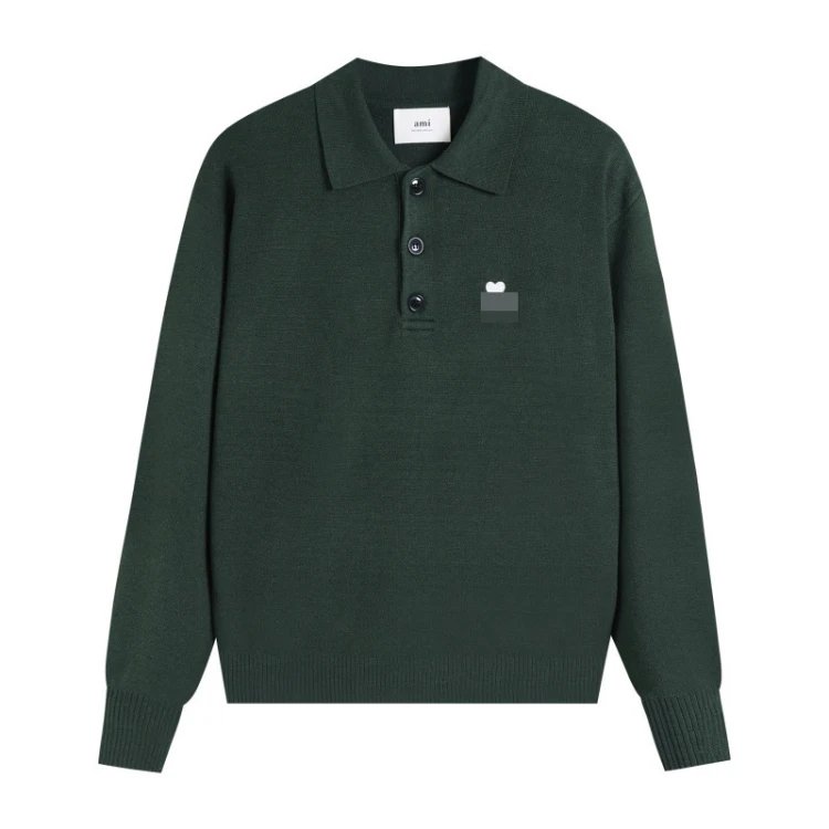 AMI Paris Knitwear de Cœur Polo Collar Knit Sweater — army green