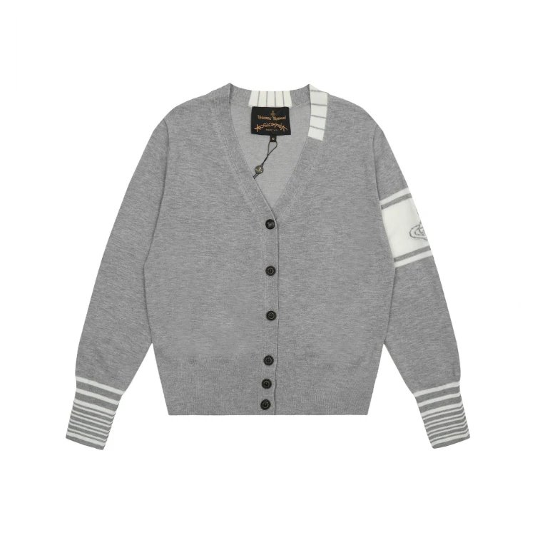 Vivienne Westwood Knitwear Striped-trim V-neck button cardigan — gray