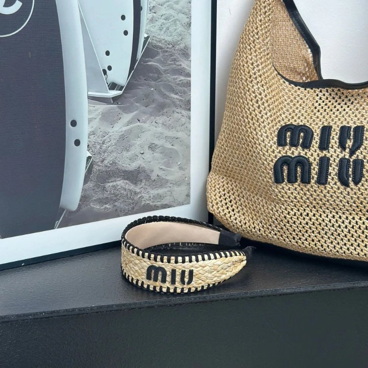 Miu Uncategorized Braided straw wide headband with logo lettering — Black