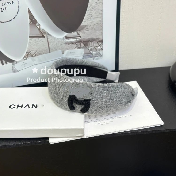 Chanel Uncategorized Padded wide headband with embroidered Double C logo — gray
