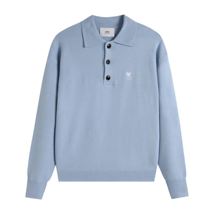 AMI Paris Knitwear de Cœur Polo Collar Knit Sweater — Sky blue
