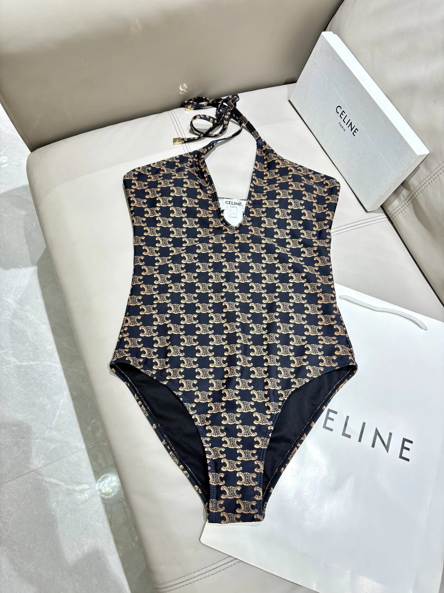 Celine Swimwear One-Piece Swimsuit — Khaki monogram