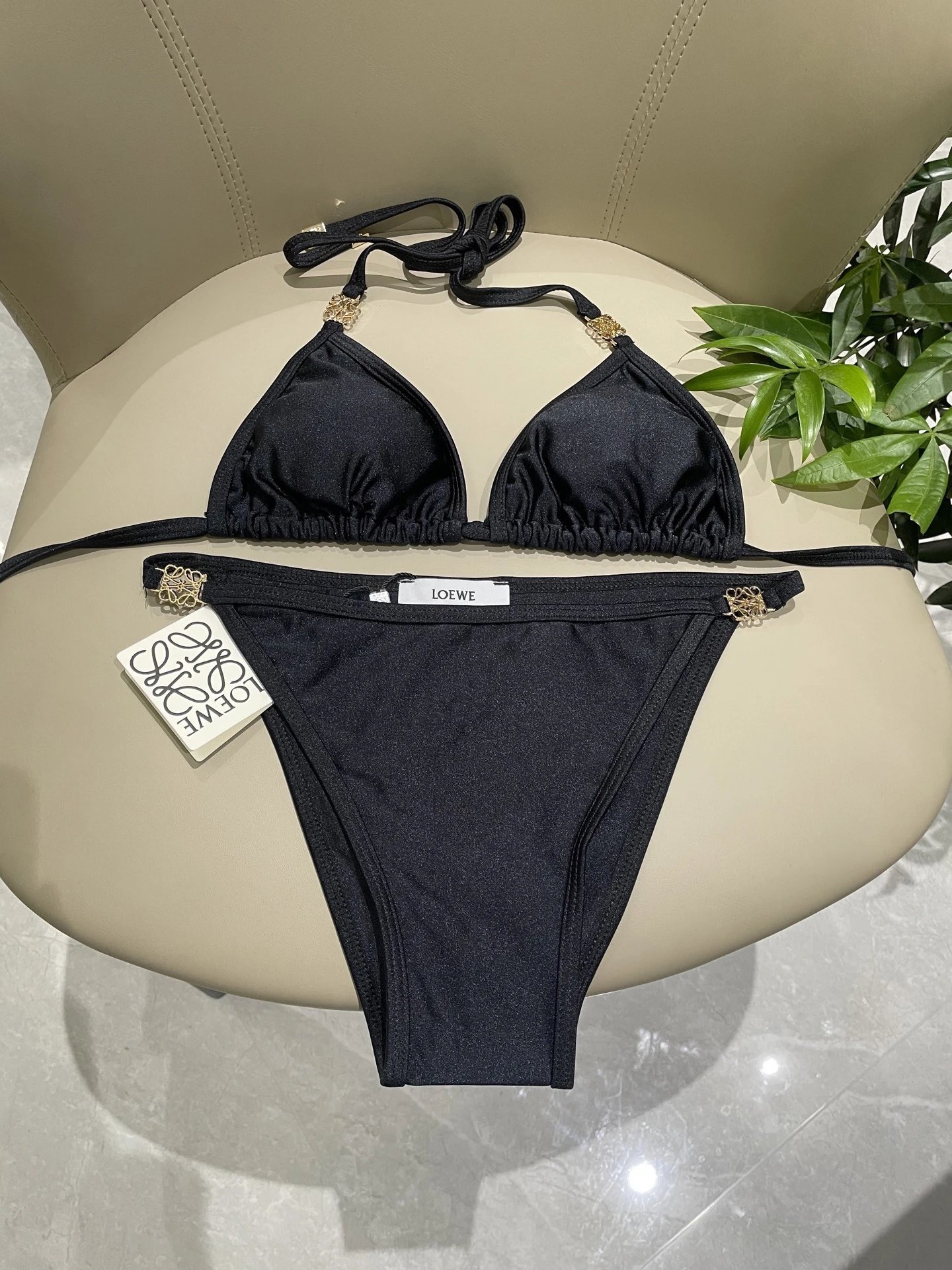 Loewe Swimwear Triangle Bikini Set with Tie-Side Bottoms — Black 2