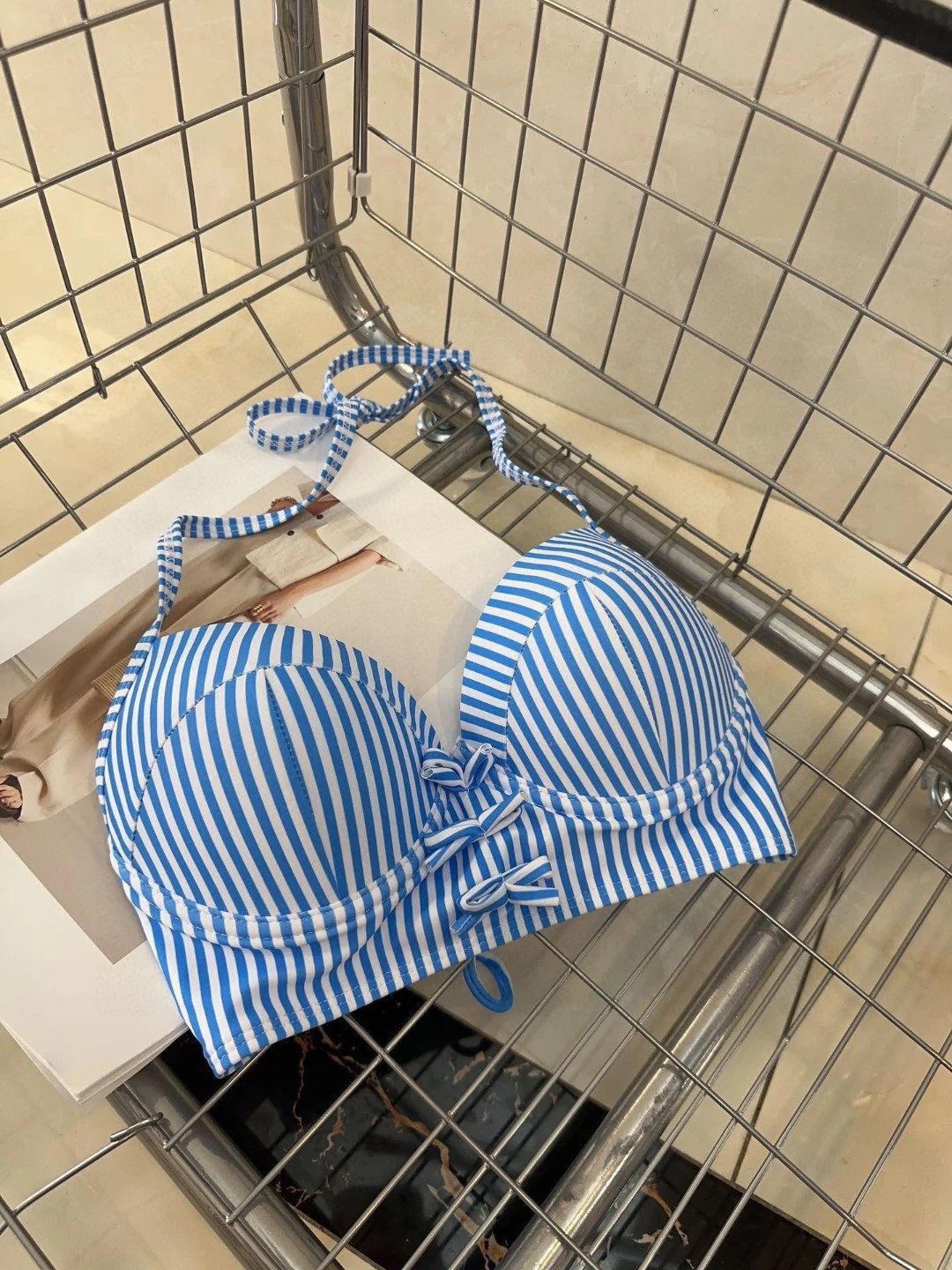 Unbranded Swimwear Blue and white striped lace-up halter bikini set image 4
