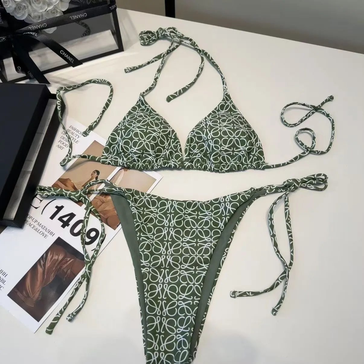 Loewe Swimwear Triangle Bikini Set with Tie-Side Bottoms — Green
