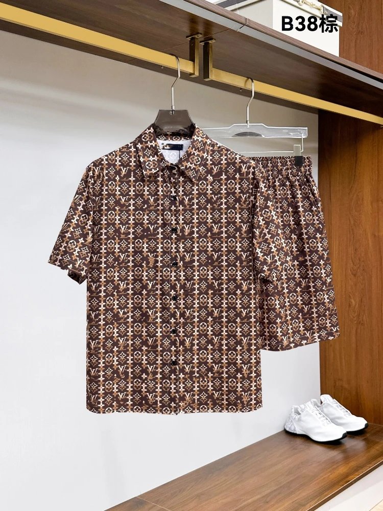 Unbranded Matching Sets Short-Sleeve Button-Front Printed Shirt and Shorts Set — SKU-17-38 Coffee Color