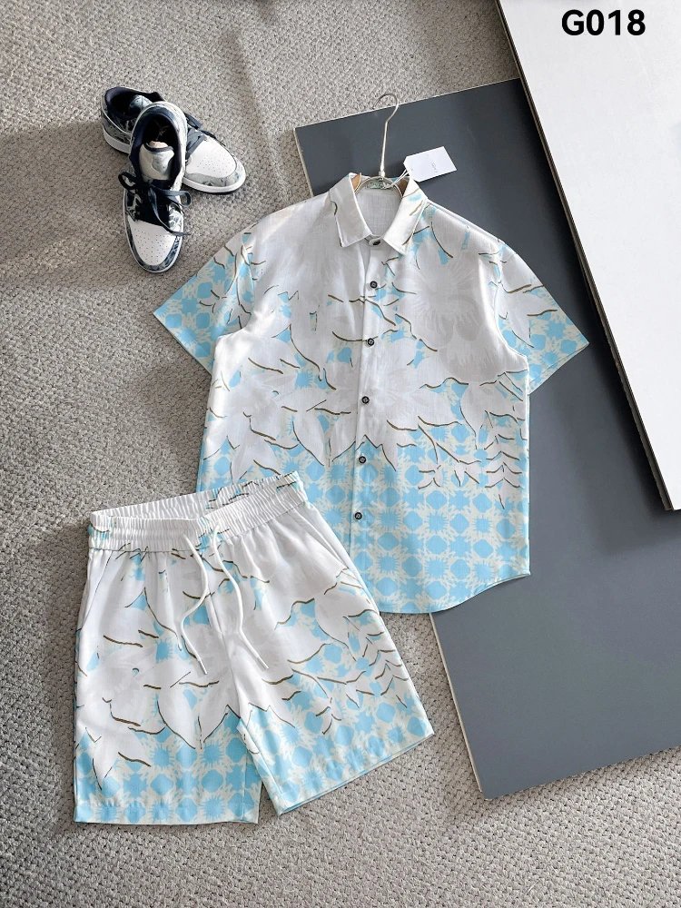 Unbranded Matching Sets Short-Sleeve Button Shirt and Drawstring Shorts Set — SKU-18-G018 Sky Blue