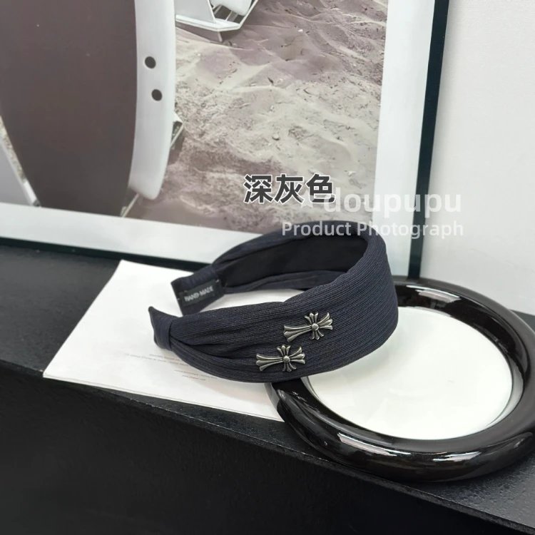 Unbranded Uncategorized Wide ribbed knotted headband with cross charms — SKU-04-Dark Gray