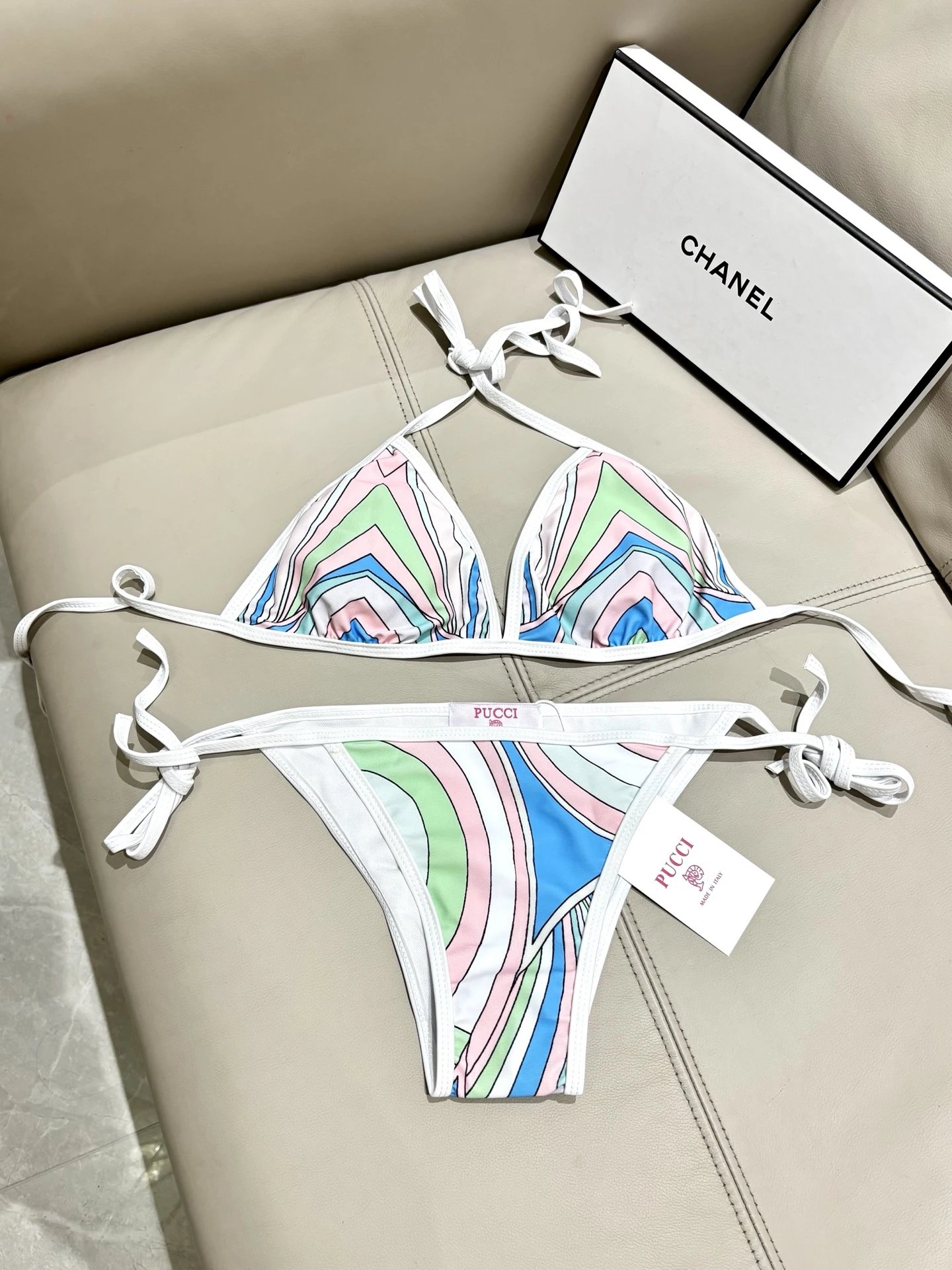 Emilio Pucci Swimwear Triangle Tie-Side Bikini Set with Geometric Print — 4