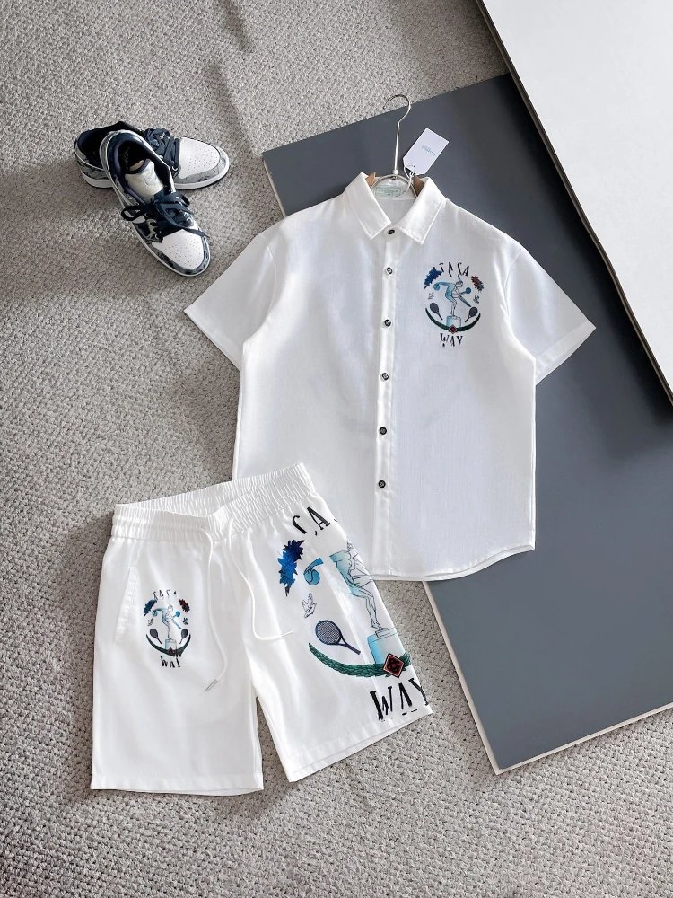 Unbranded Matching Sets Short-Sleeve Button Shirt and Drawstring Shorts Set — SKU-26-G26 White