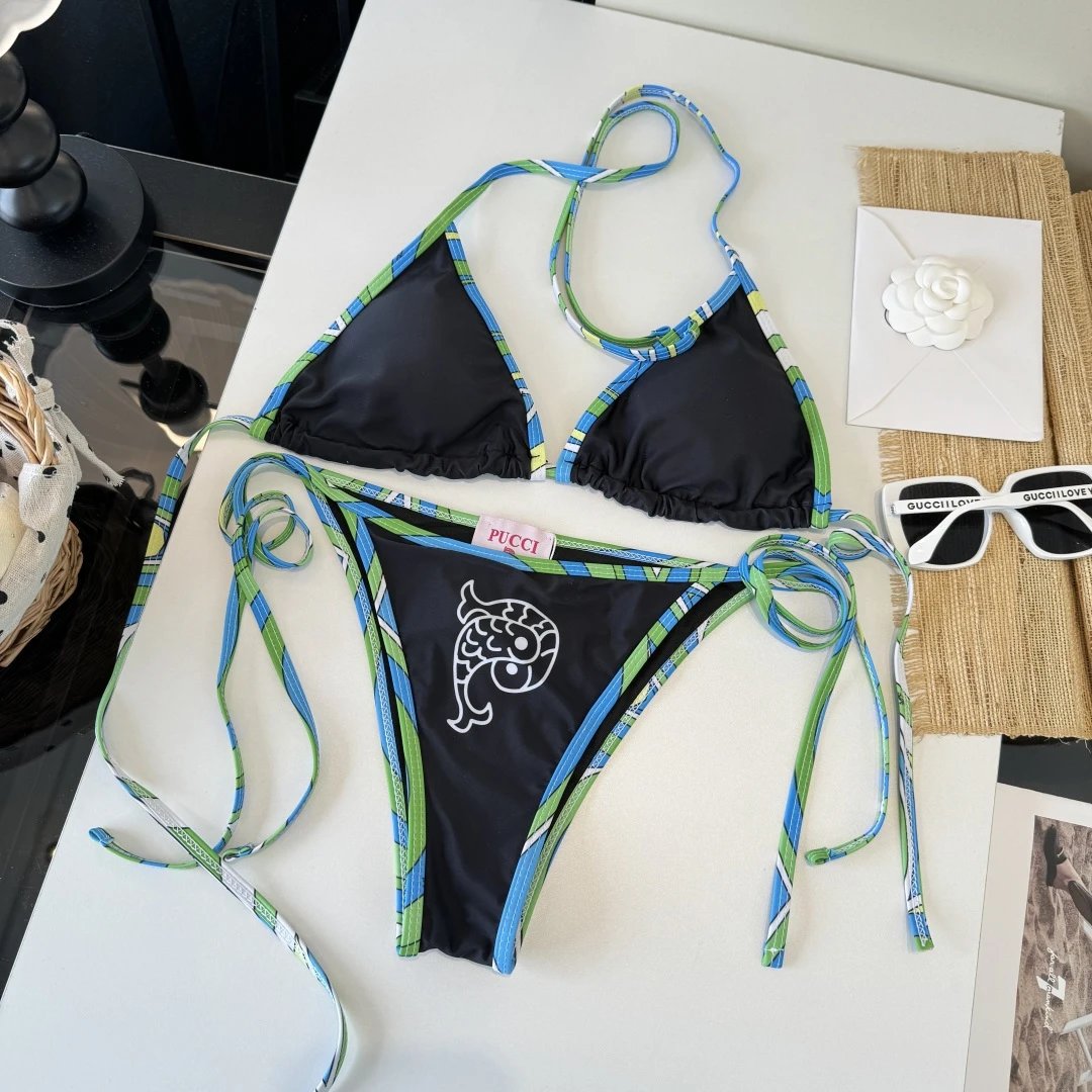 Emilio Pucci Swimwear Triangle Tie-Side Bikini Set with Geometric Print — 1