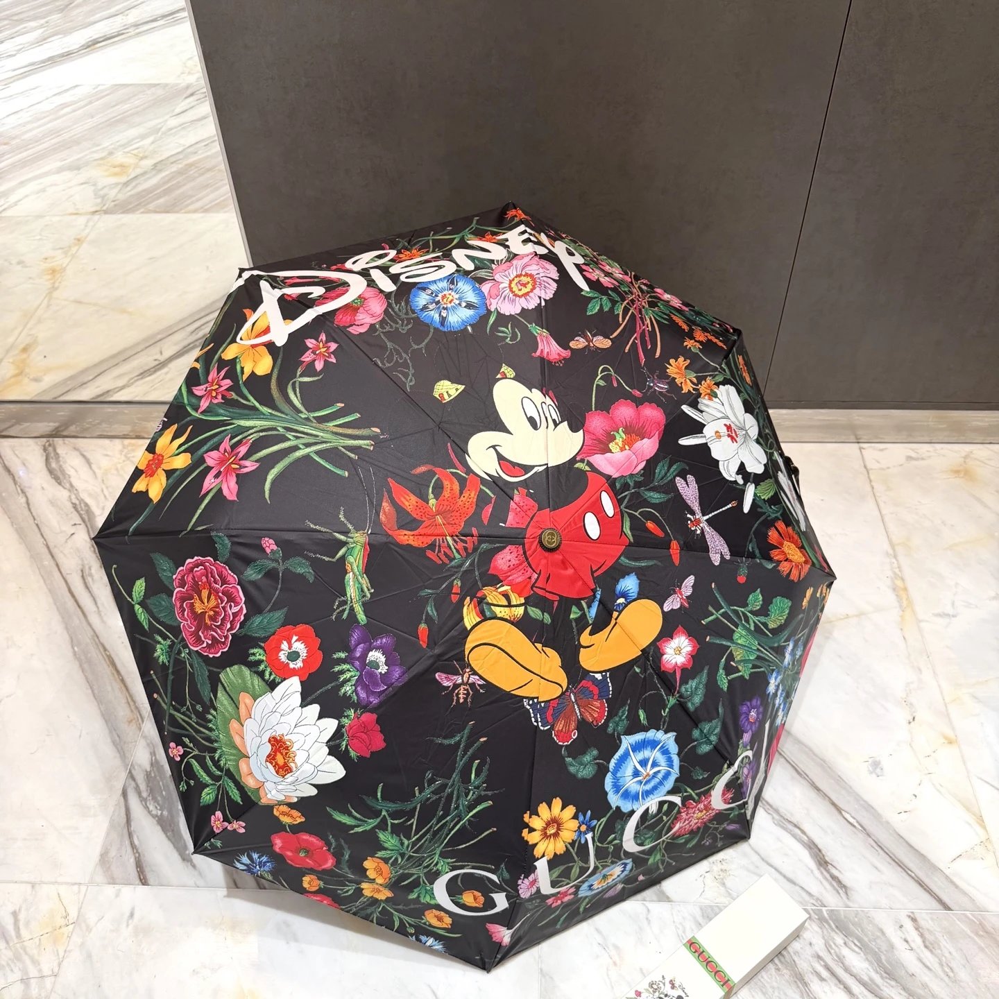 Gucci Floral Mickey Mouse Print Folding Umbrella — Black