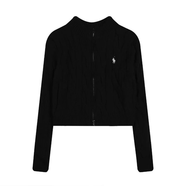 Polo Ralph Lauren Knitwear Cropped cable-knit full-zip mock-neck cardigan — Black
