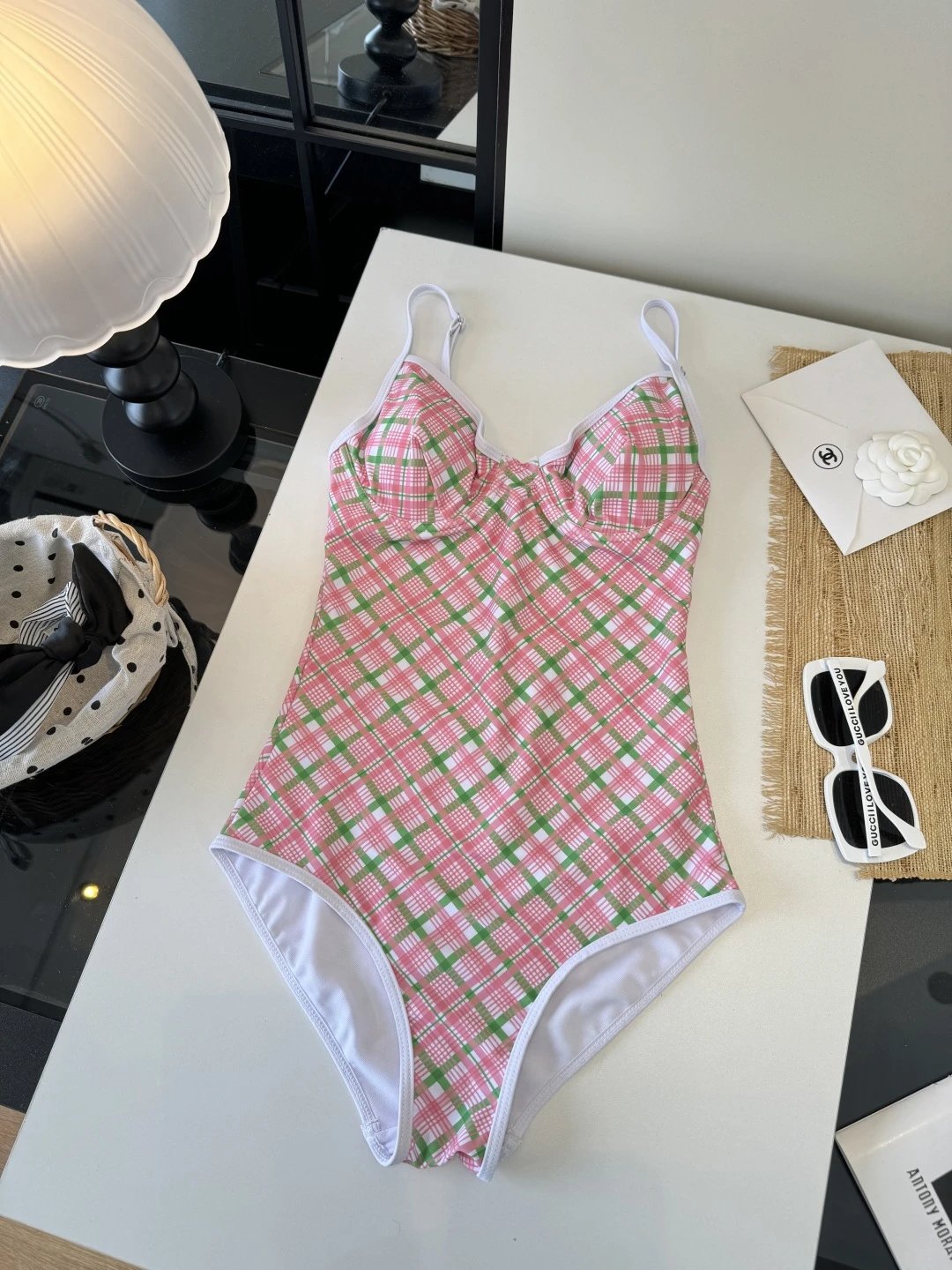 Burberry Swimwear Plaid-Trim Triangle Bikini Set — 09