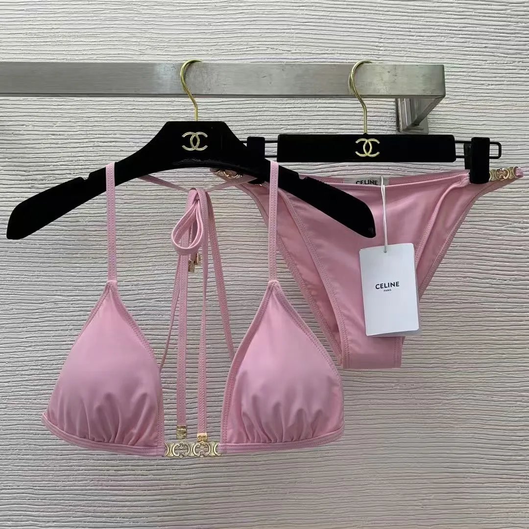 Celine Swimwear Triomphe triangle bikini set — powder