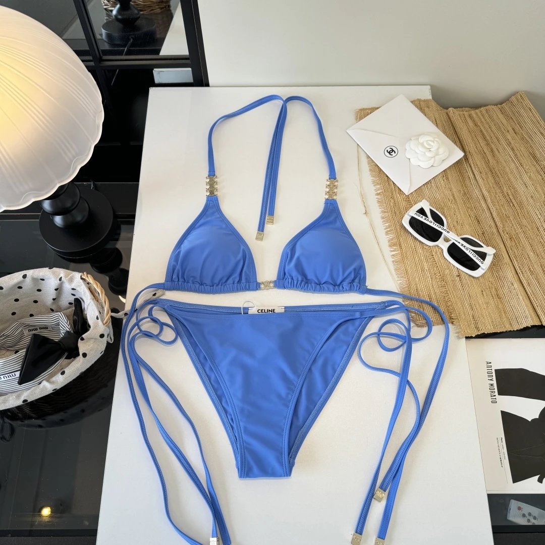 Celine Swimwear Triomphe triangle bikini set — Light blue