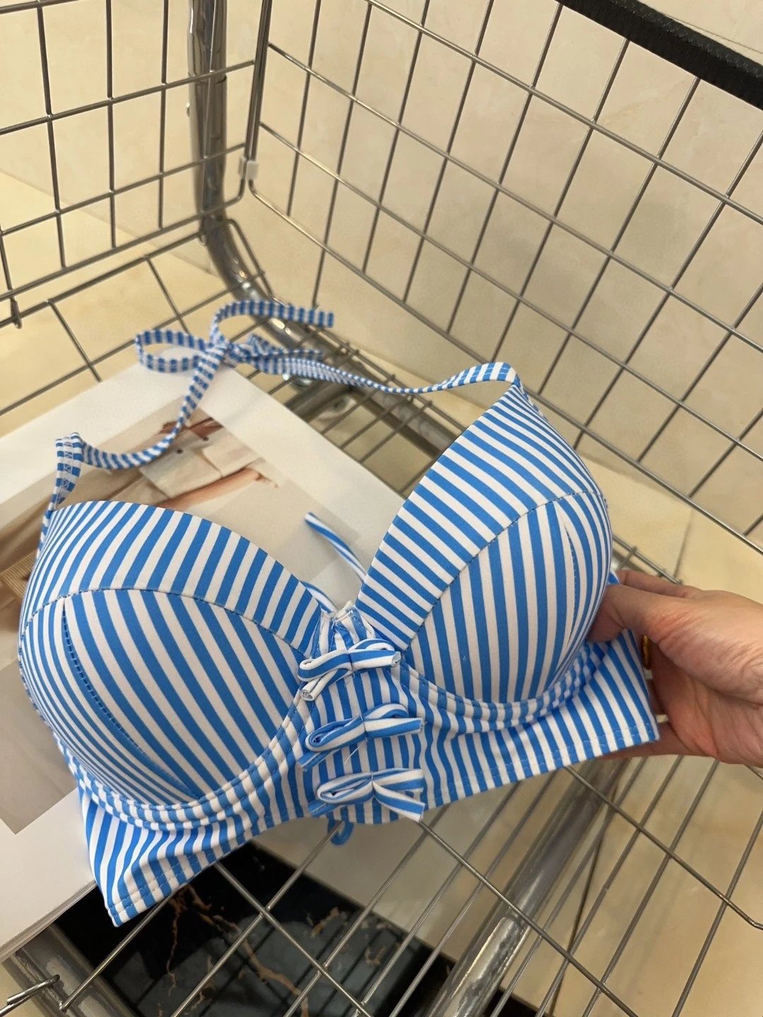Unbranded Swimwear Blue and white striped lace-up halter bikini set image 6