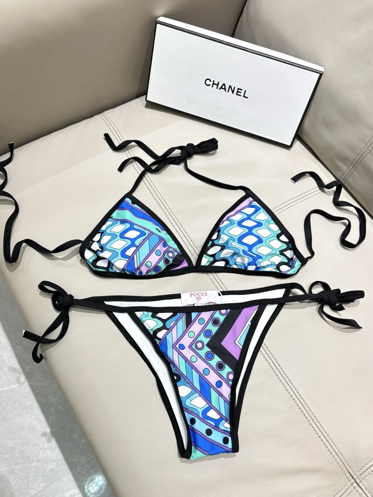 Emilio Pucci Swimwear Triangle Tie-Side Bikini Set with Geometric Print — 3