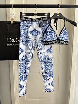 Dolce & Gabbana Blue and White Majolica Print Leggings and Triangle Bra Set