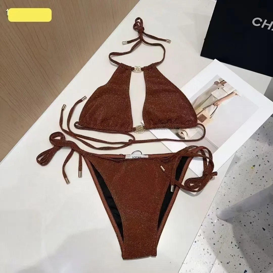 Loewe Swimwear Triangle Bikini Set with Tie-Side Bottoms — Brown