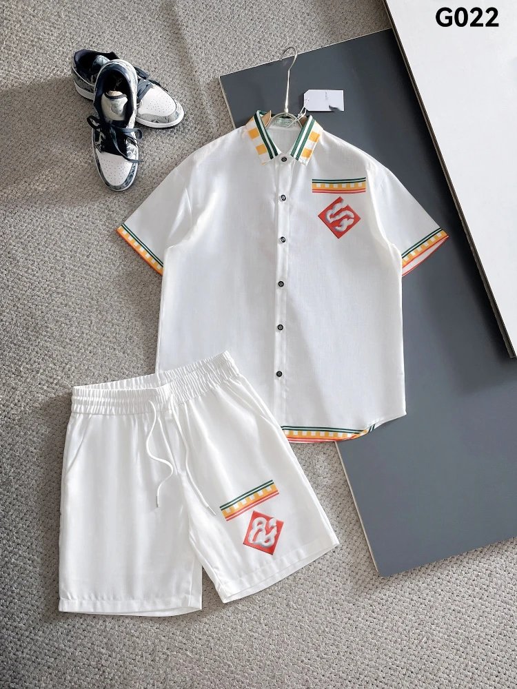 Unbranded Matching Sets Short-Sleeve Button Shirt and Drawstring Shorts Set — SKU-22-G022 White