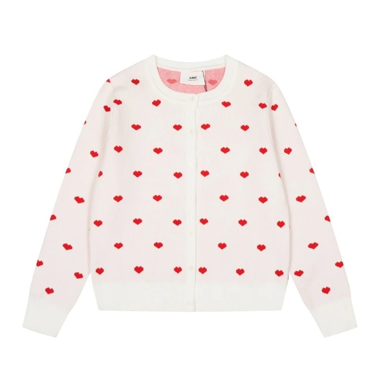 AMI Knitwear Heart Jacquard Button Cardigan — SKU-01-White with Red Heart
