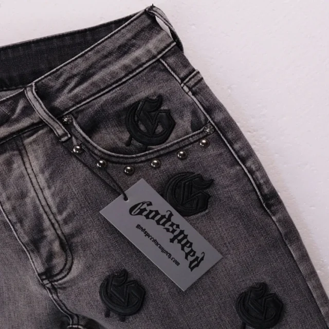 Godspeed Shorts Embroidered logo patchwork distressed denim product detail image 3