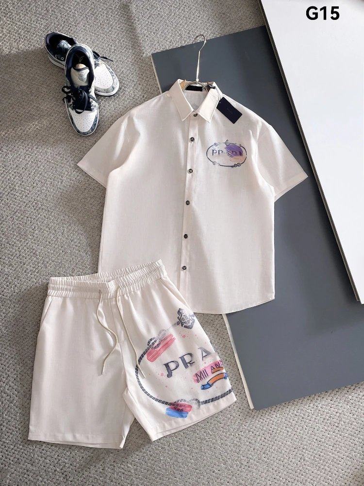 Unbranded Matching Sets Short-Sleeve Button Shirt and Drawstring Shorts Set — SKU-15-G15 White