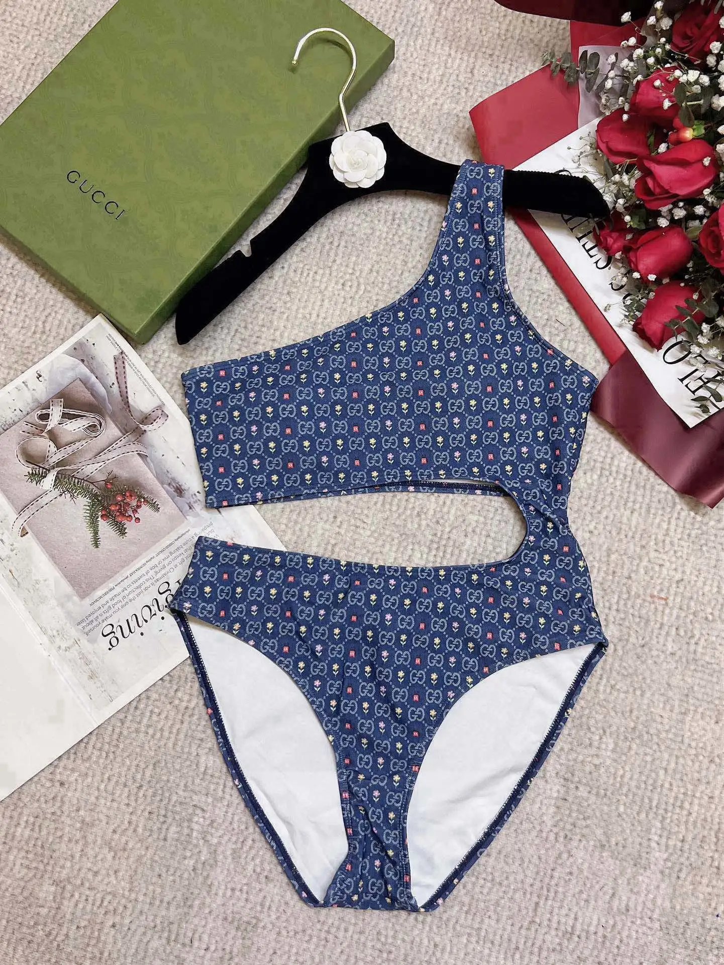 Gucci Swimwear One-Shoulder Cutout One-Piece Swimsuit — Blue