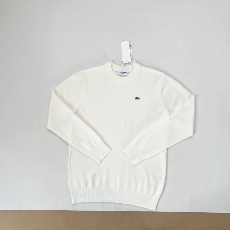 Lacoste Knitwear Crew-Neck Crocodile Logo Knit Sweater — Off-white