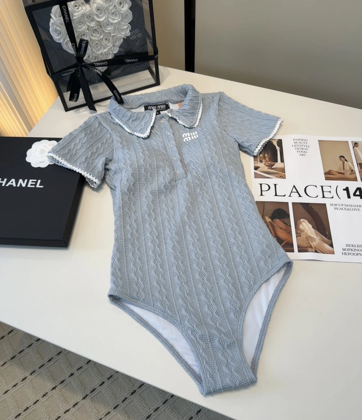 Miu Jumpsuits Cable-Knit Peter Pan Collar Short-Sleeve Bodysuit — gray