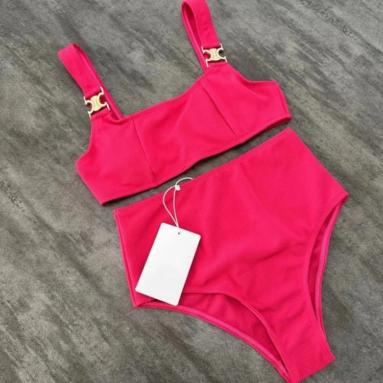 Unbranded Swimwear Ribbed High-Waisted Two-Piece Bikini with Metal Strap Hardware — Deep pink