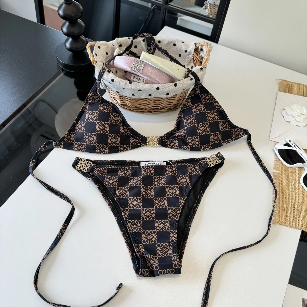 Loewe Swimwear Triangle Bikini Set with Tie-Side Bottoms — Coffee blossom