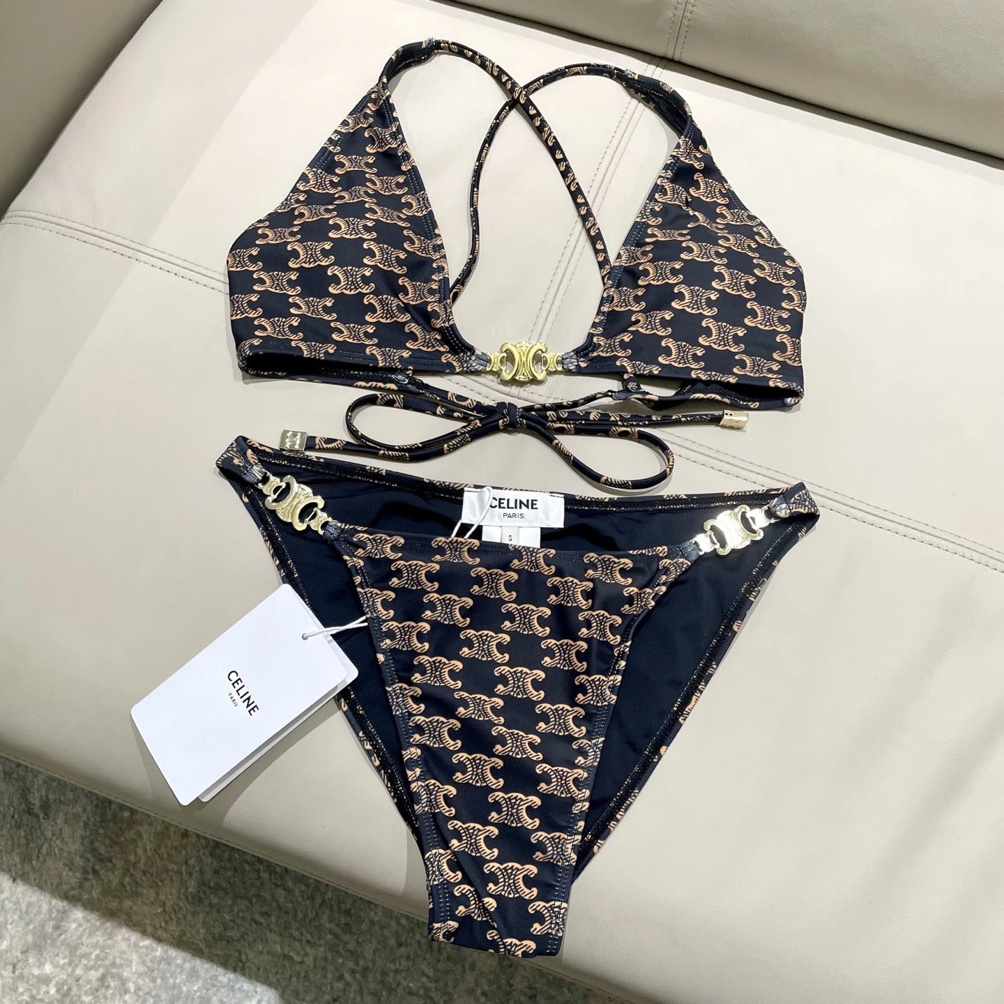 Celine Swimwear Triomphe triangle bikini set — Coffee color