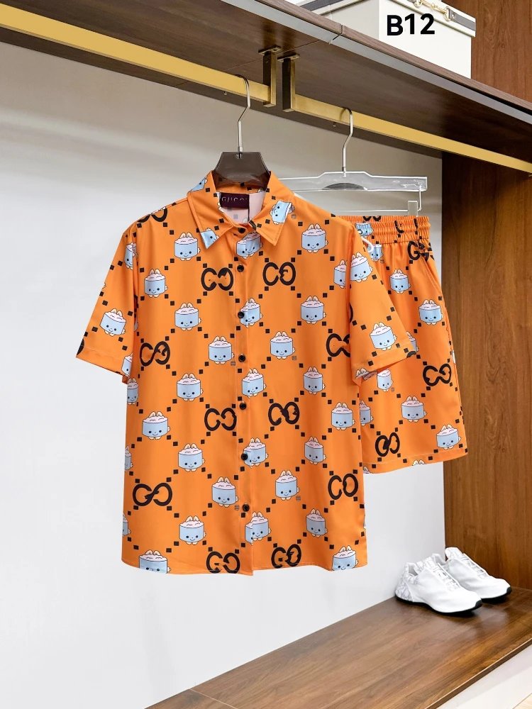 Unbranded Matching Sets Short-Sleeve Button-Front Printed Shirt and Shorts Set — SKU-06-12 Tangerine Red