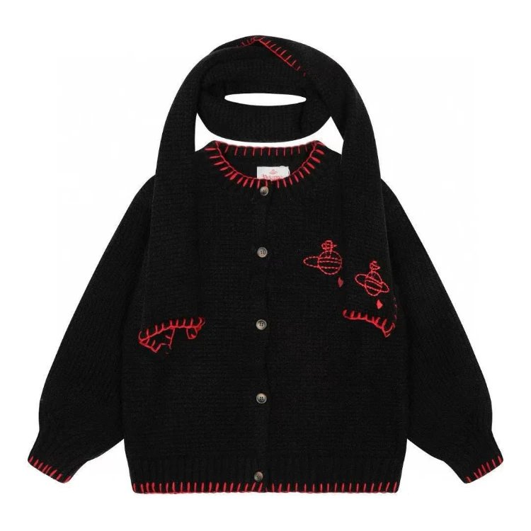 Unbranded Knitwear Scarf-detail embroidered button-front cardigan — Black