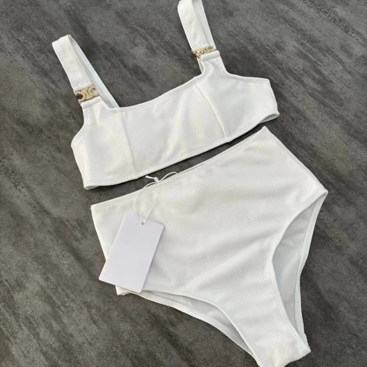Unbranded Swimwear Ribbed High-Waisted Two-Piece Bikini with Metal Strap Hardware — white