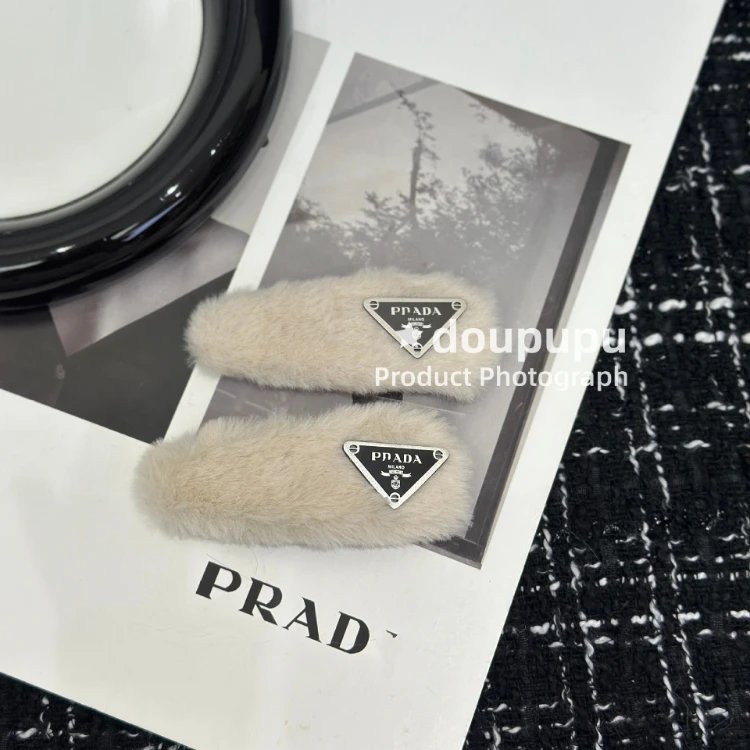 Chanel Uncategorized 6246 Faux-Fur Hair Clip Pair — SKU-05-Beige Triangle Mark “Pair”