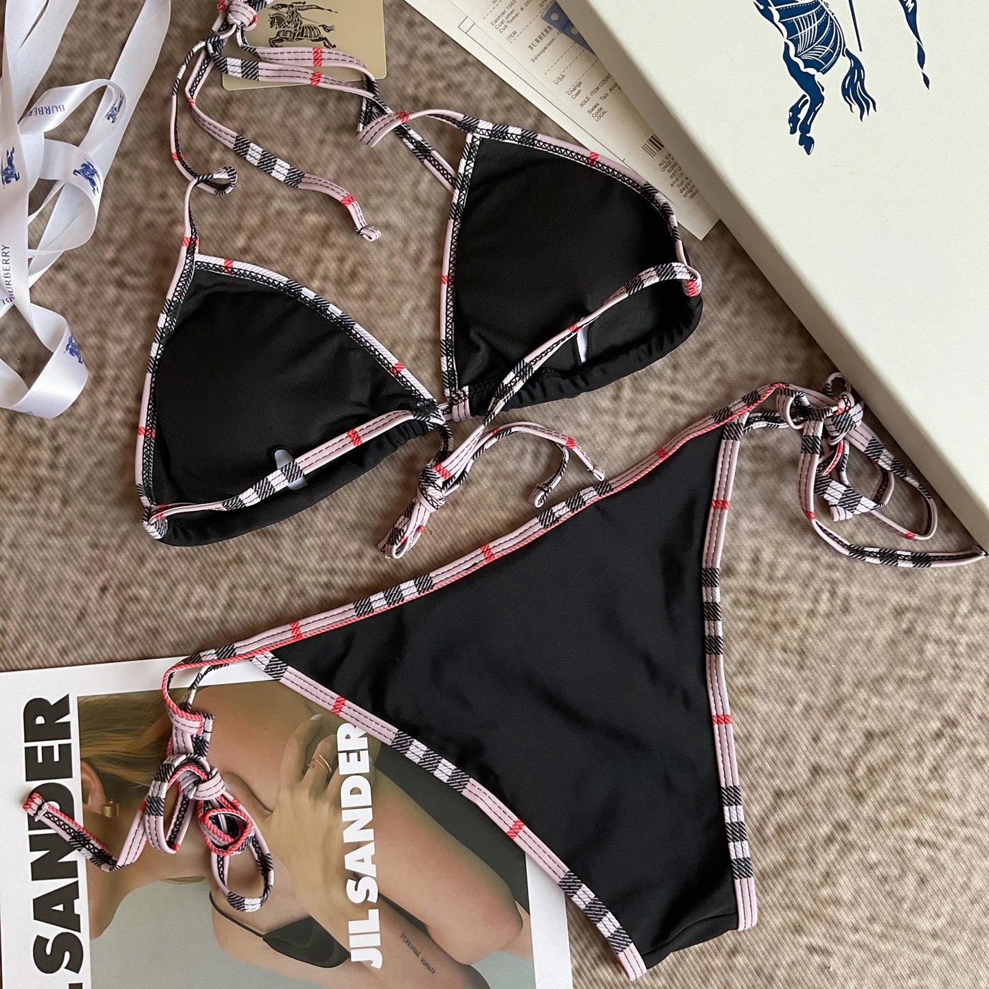 Burberry Swimwear Plaid-Trim Triangle Bikini Set image 5