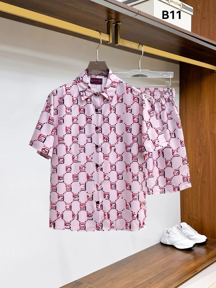 Unbranded Matching Sets Short-Sleeve Button-Front Printed Shirt and Shorts Set — SKU-05-11 Pink