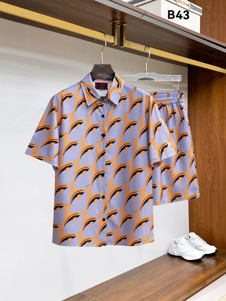 Unbranded Matching Sets Short-Sleeve Button-Front Printed Shirt and Shorts Set — SKU-21-43 Gray-Yellow