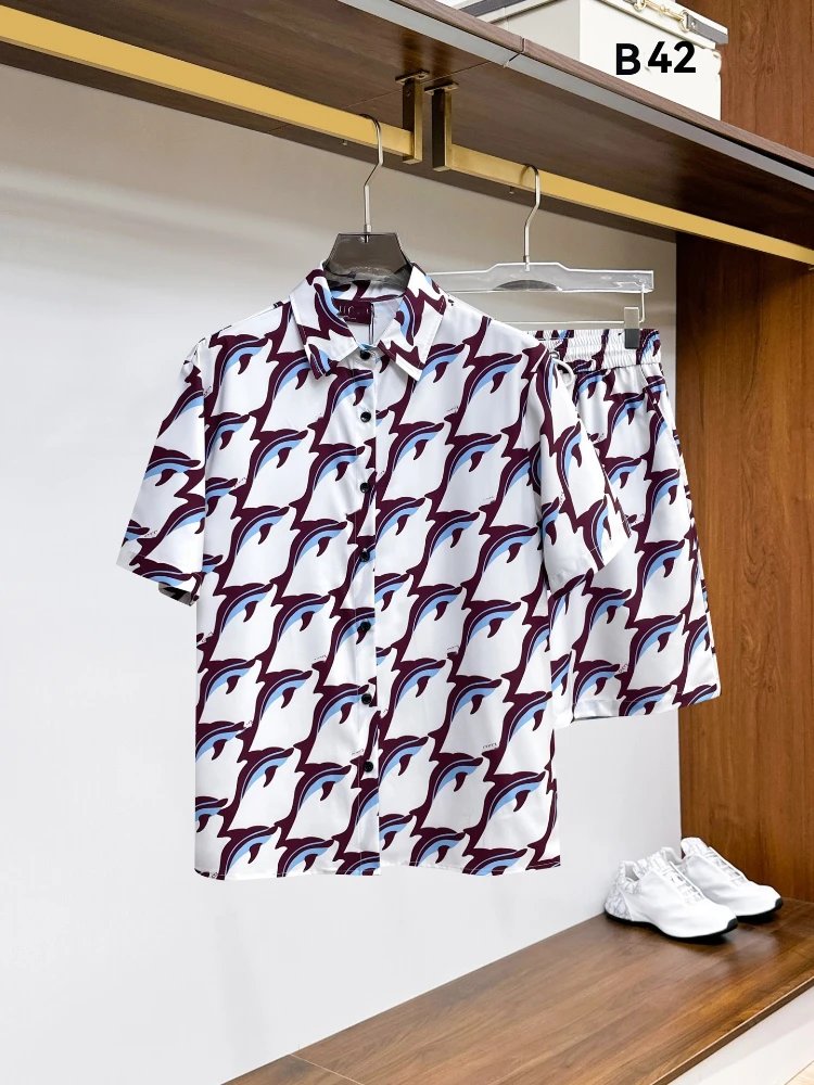 Unbranded Matching Sets Short-Sleeve Button-Front Printed Shirt and Shorts Set — SKU-20-42 White and Red