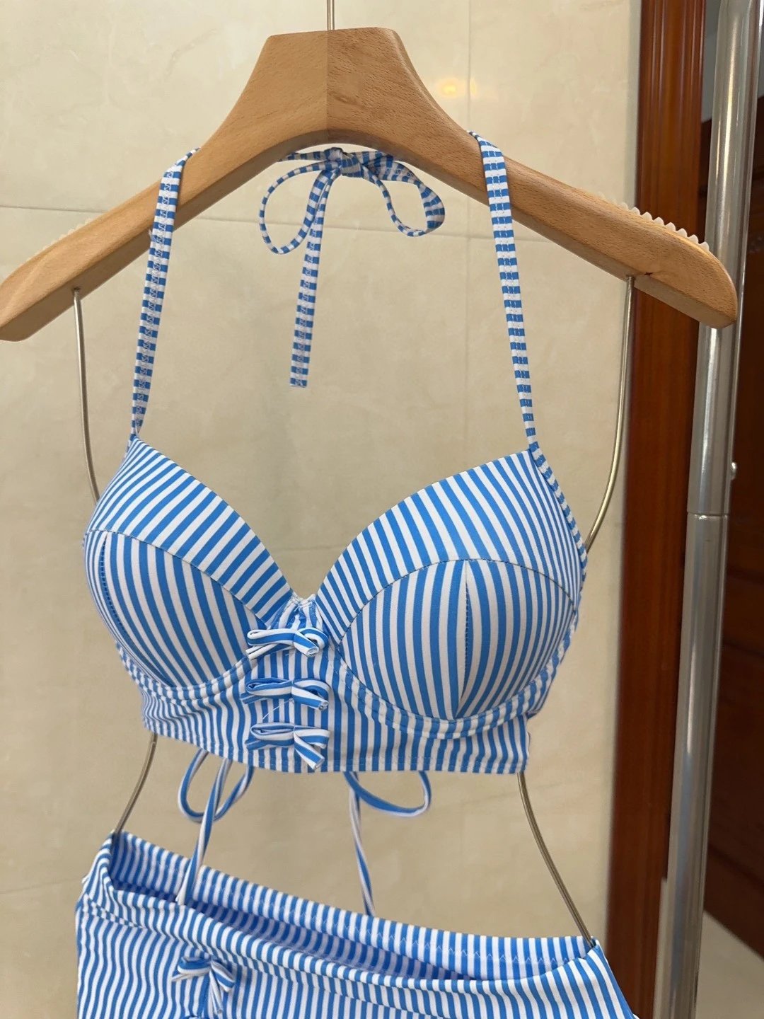 Unbranded Swimwear Blue and white striped lace-up halter bikini set image 7