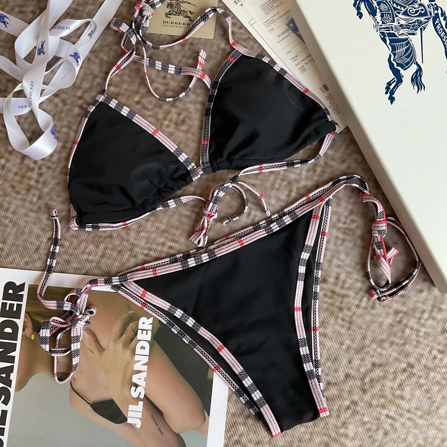 Burberry Swimwear Plaid-Trim Triangle Bikini Set — 01