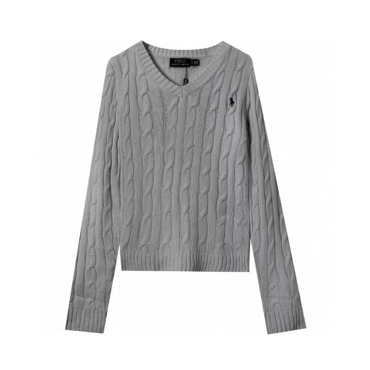 Ralph Lauren Knitwear Cable-Knit V-Neck Sweater — gray