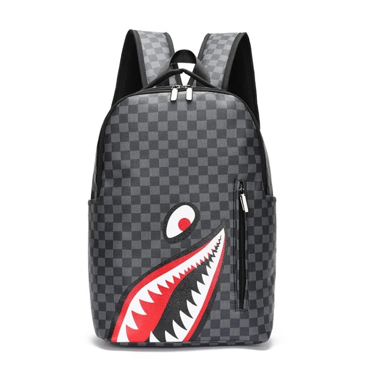 Sprayground Backpacks Shark Mouth Design — SKU-02-Black Grid Red Eyes