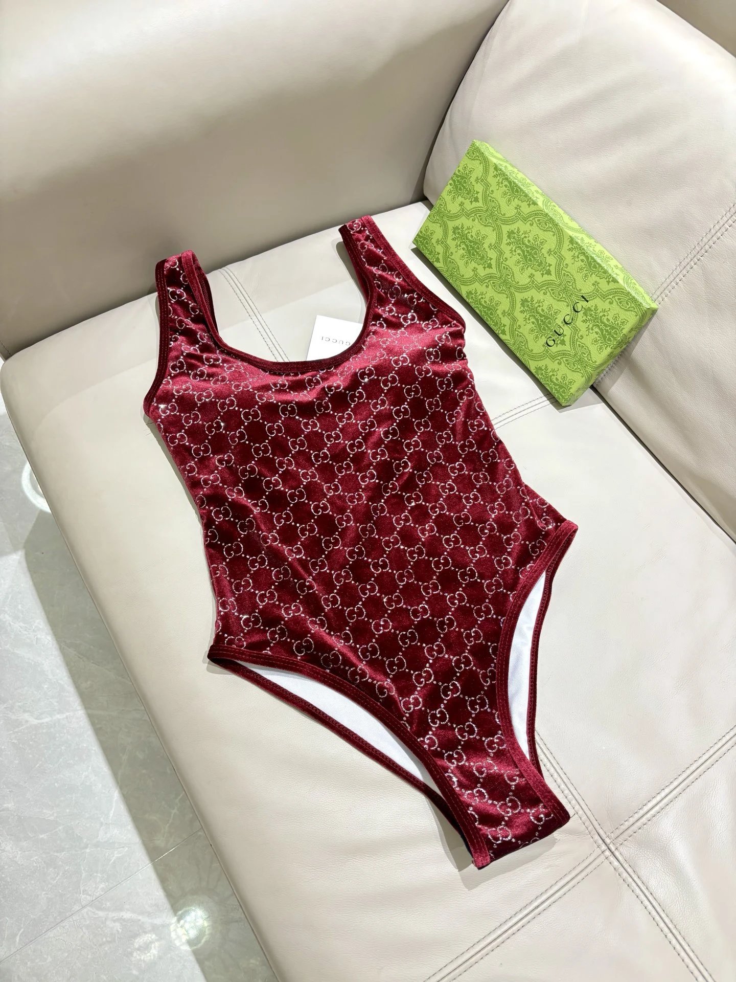 Gucci Swimwear Velvet GG Monogram One-Piece Swimsuit — Red